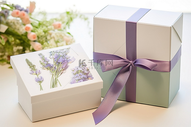 两个礼品盒，里面有鲜花和一些卡