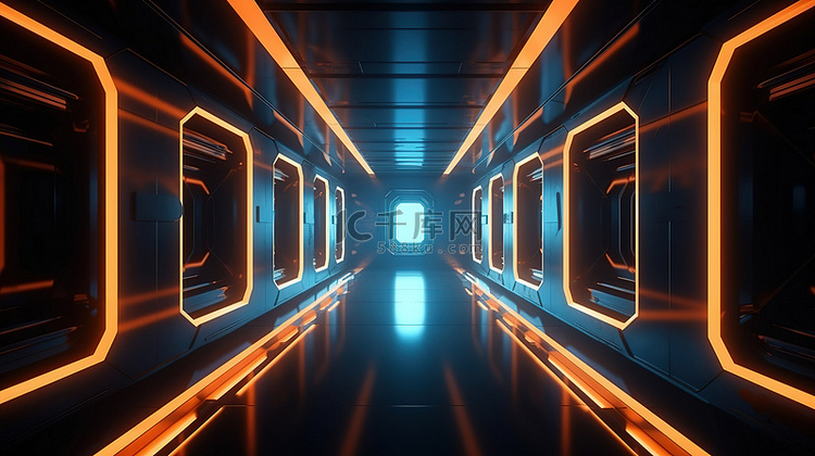 3d 渲染中的科幻走廊背景以橙