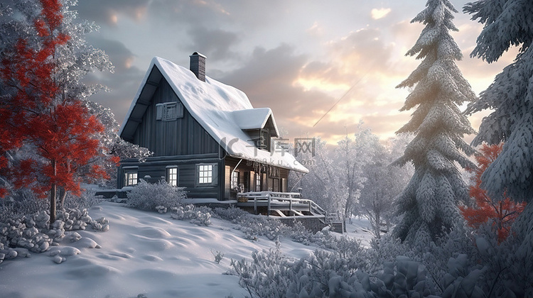 3D 插图中的冬季仙境舒适小屋