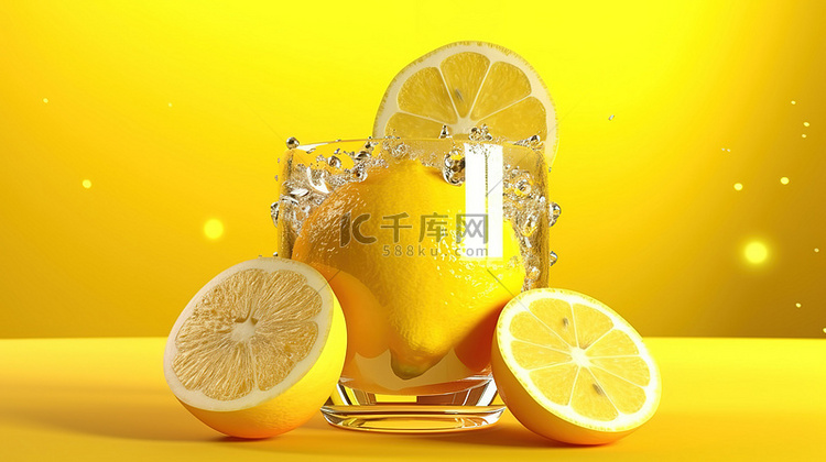 鲜榨柠檬汁的充满活力的 3D 渲染