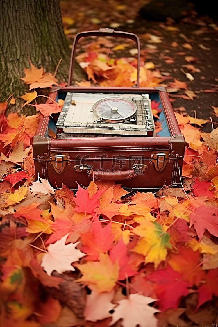 秋叶地上的老式手提箱