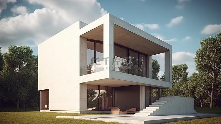 3D 渲染中当代立方体房屋的侧