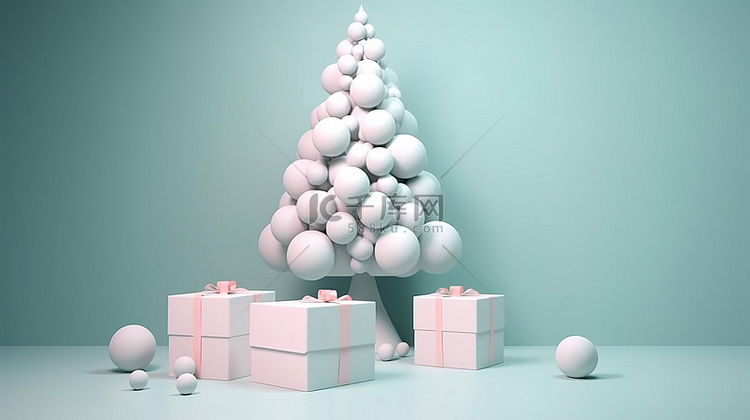 简约 3D 圣诞树，配有悬挂礼
