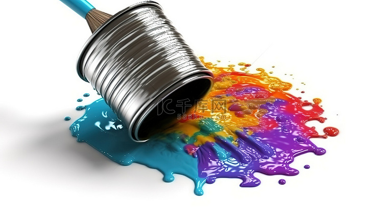 彩色画笔和罐头在白色背景 3D