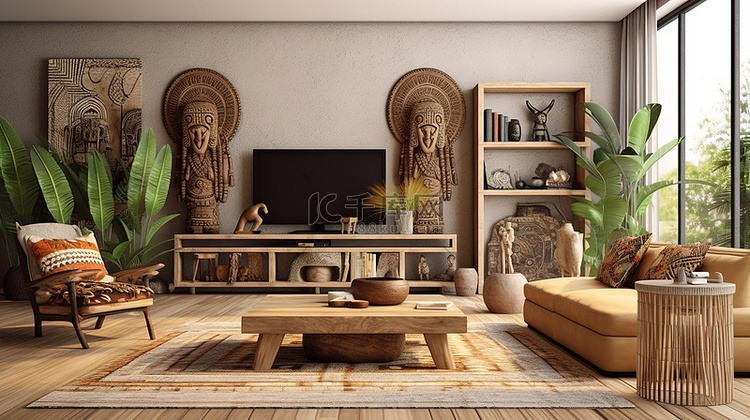 非洲风格的现代客厅 3D 渲染