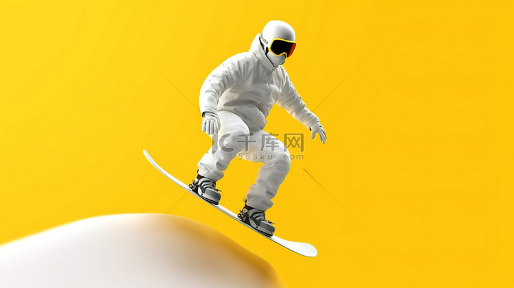 黄色背景滑雪板在白色 3d 渲染