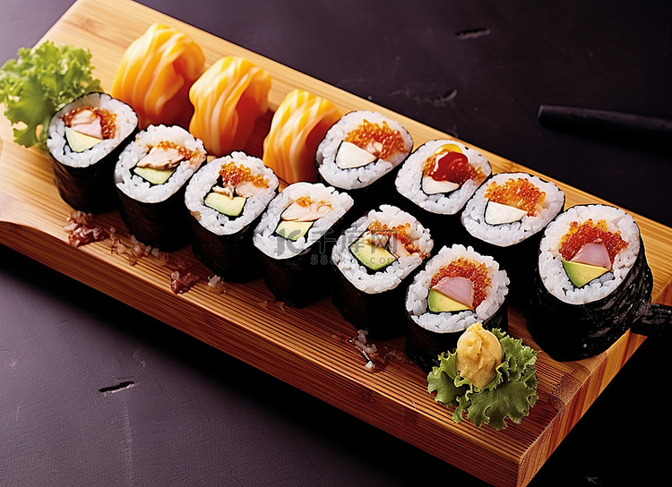各种寿司卷放在木板上