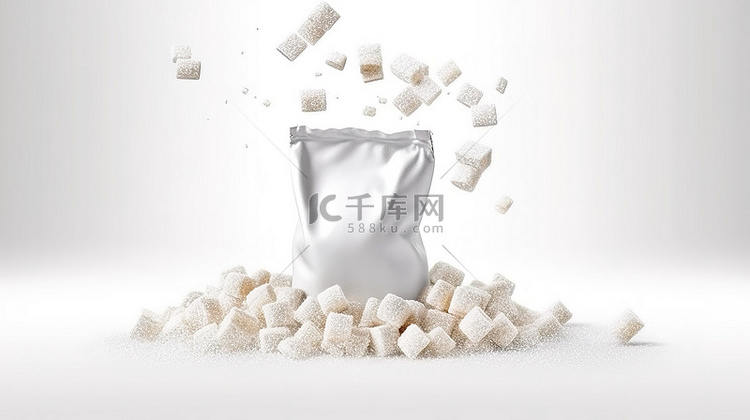 原糖晶体从白色包装中层叠到 3