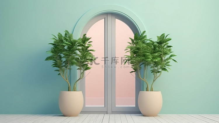 夏季概念柔和彩色植物装饰门窗的