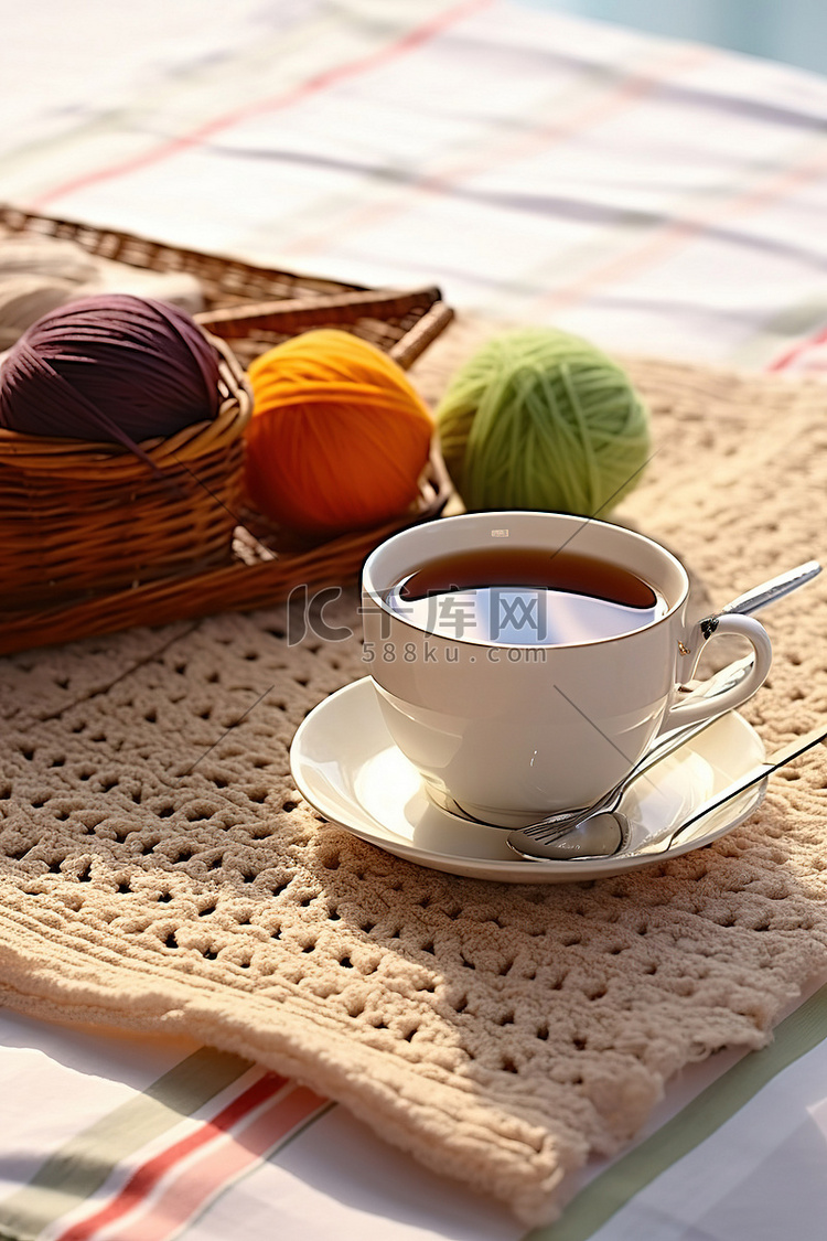 钩针纱线和桌上的一杯茶