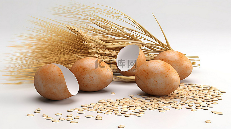 白色背景下鸡蛋和小麦的 3d 插图
