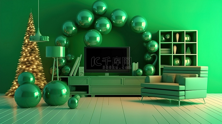 节日客厅中的绿屏圣诞电视 3d