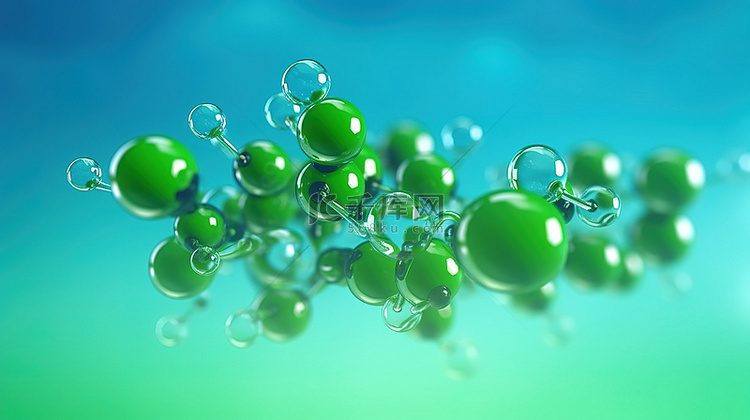 蓝色背景与绿色氢分子在空气中漂