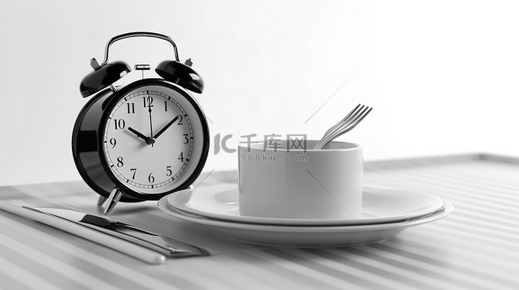 早餐场景闹钟刀叉在白桌上 3d