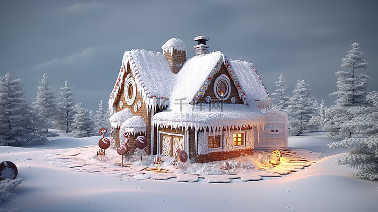 白雪皑皑的圣诞仙境中姜饼屋的 
