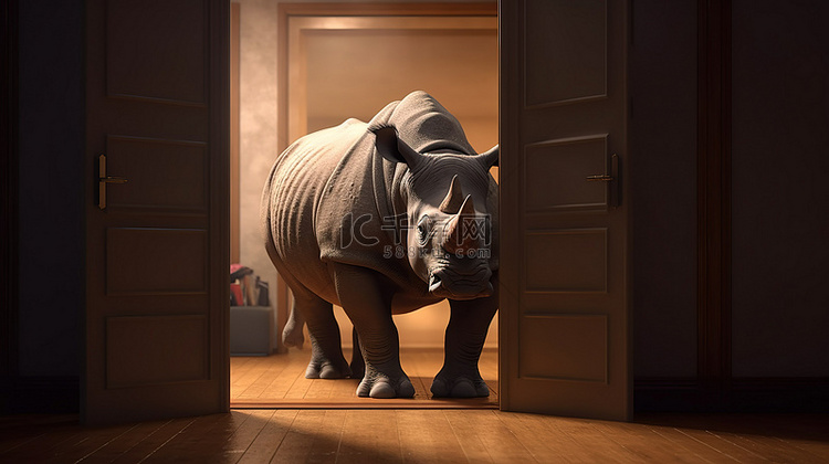 犀牛进入敞开的门口的 3d 渲染