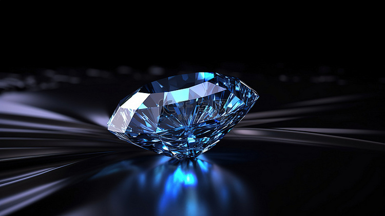黑色背景下蓝色钻石的宽 3D 渲染