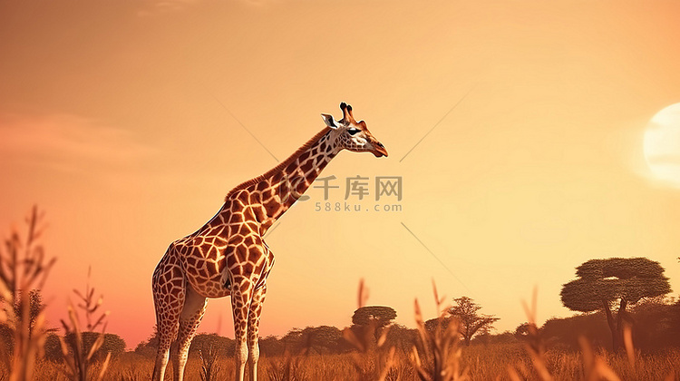 日落场景与 3D 渲染的长颈鹿