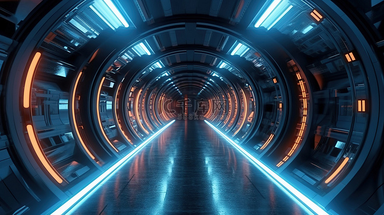霓虹灯点亮的科幻隧道走廊，以令
