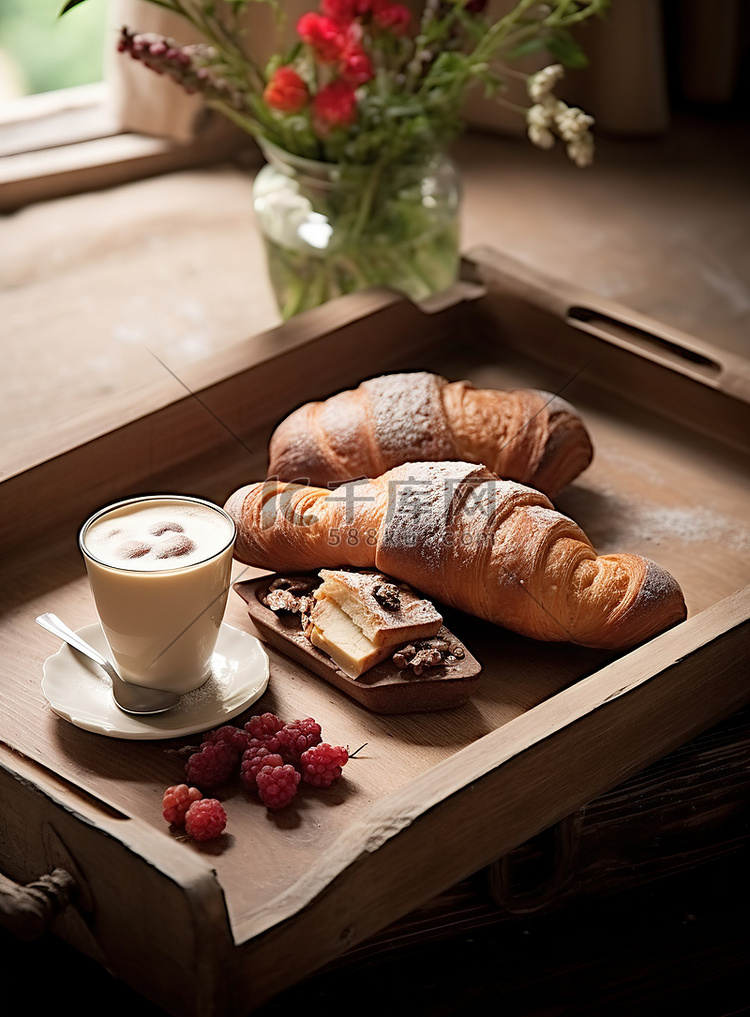 木托盘上的咖啡和羊角面包