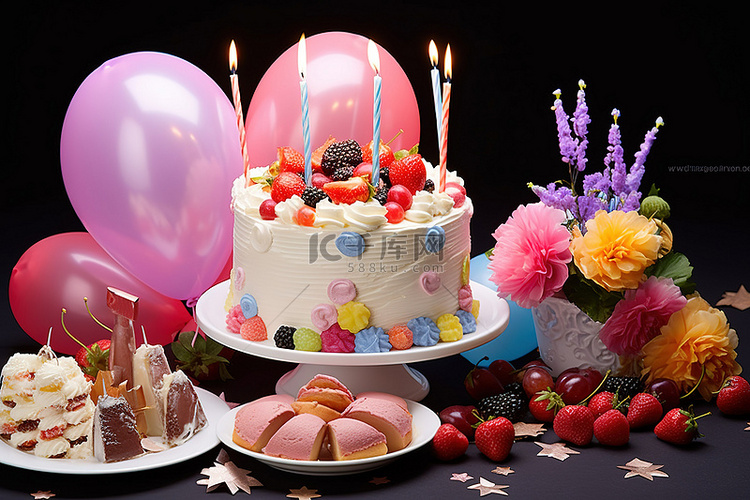一个蛋糕，蛋糕旁边有鲜花和气球
