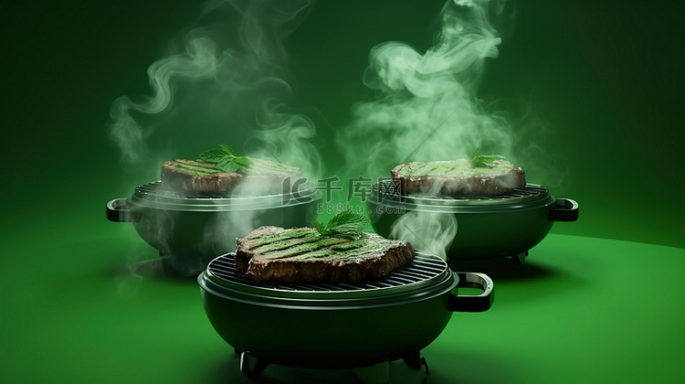 绿色背景 3D 渲染上的烟熏烤牛排