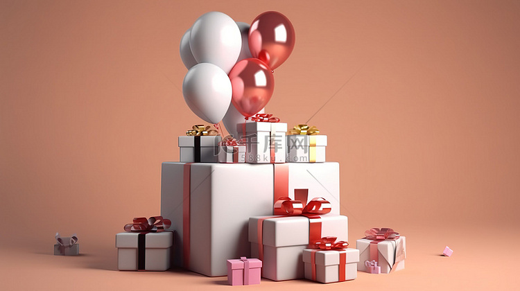 3D 渲染的生日设计，包括礼品