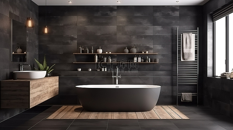格子瓷砖深色现代浴室内部的 3