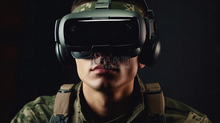 士兵使用 3D 耳机沉浸在虚拟