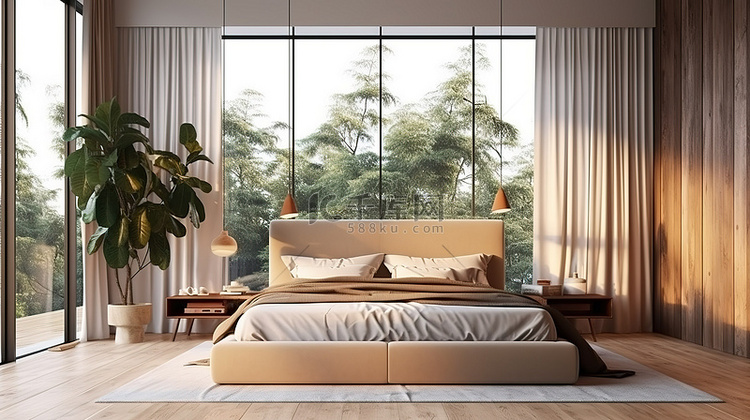 时尚的现代卧室设计，配有全景窗