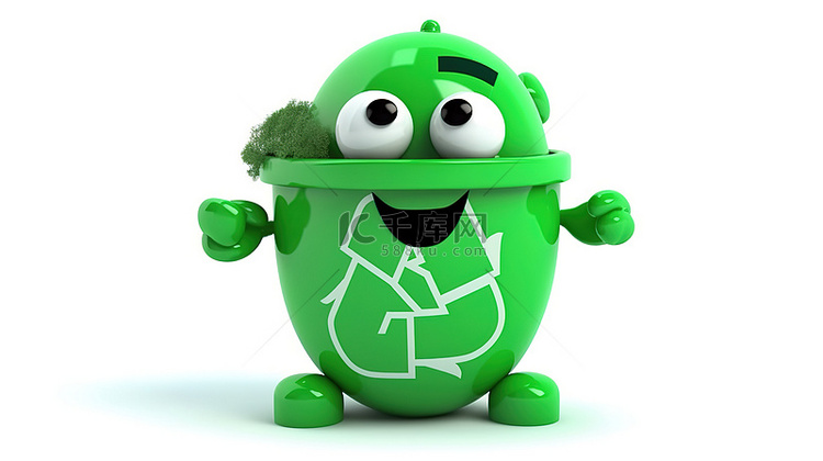 3D 渲染回收吉祥物绿色垃圾垃