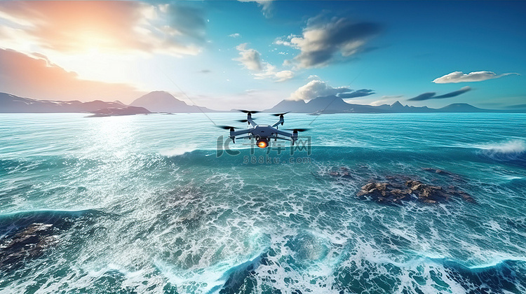 3D 渲染中无人机的海洋鸟瞰图