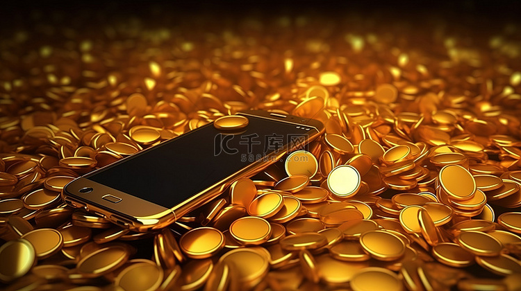 一圈金币中的金手机的 3D 渲染
