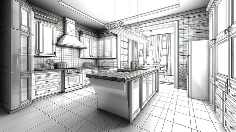 3D 渲染厨房房间与抽象草图设计