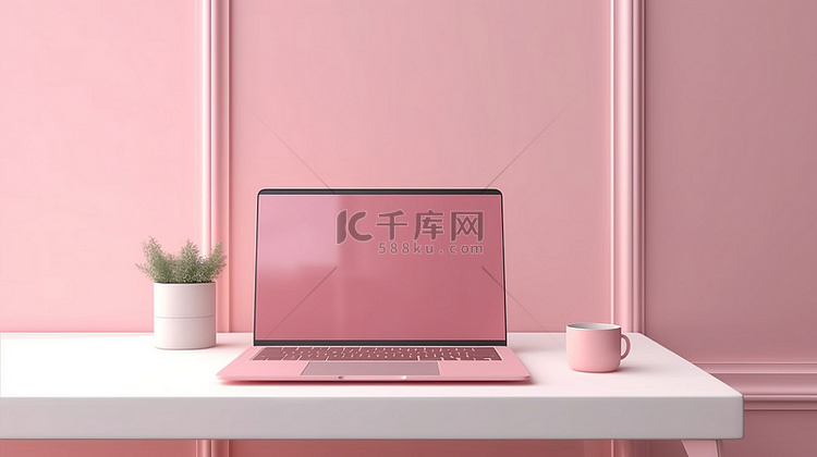 桌子上粉红色笔记本电脑模型的 