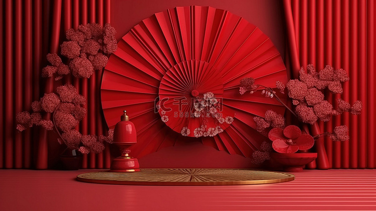 3d 渲染的中国新年舞台装饰与