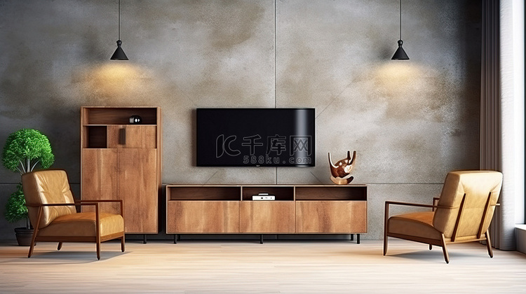 优雅的客厅配有木制电视柜和皮革