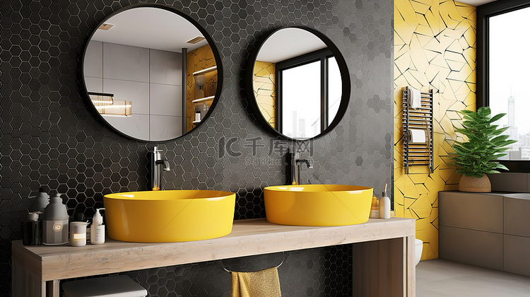 现代浴室配有醒目的黄色马赛克墙