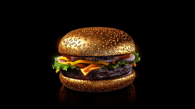 黑色背景下的金色汉堡 3D 渲