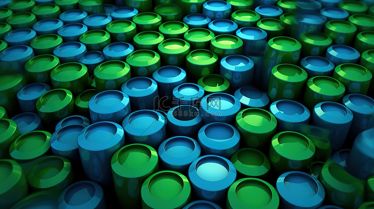 蓝色和绿色圆柱组的抽象 3D 插图