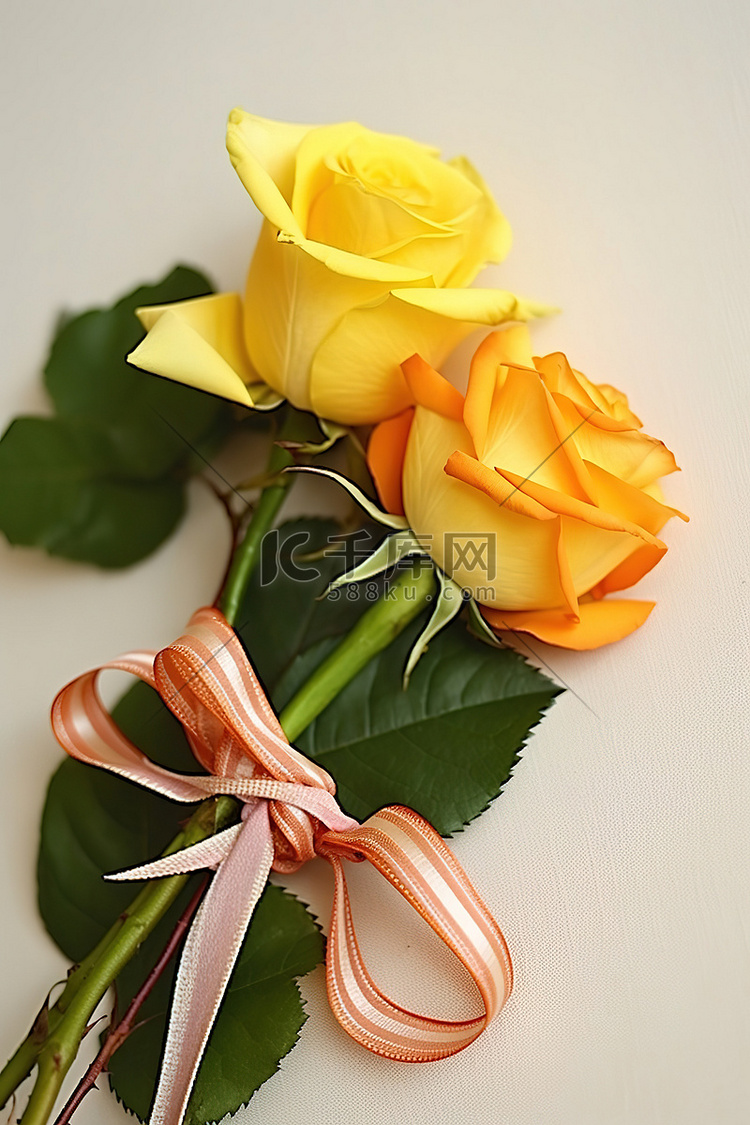 两片黄色和橙色的玫瑰叶和一把蝴