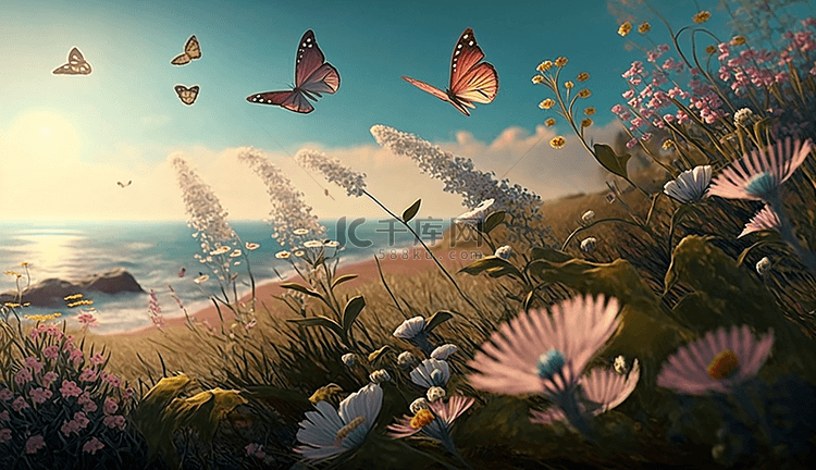 草地花海蝴蝶自然写实背景