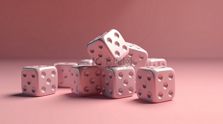 一套 3D 游戏骰子插图，粉红