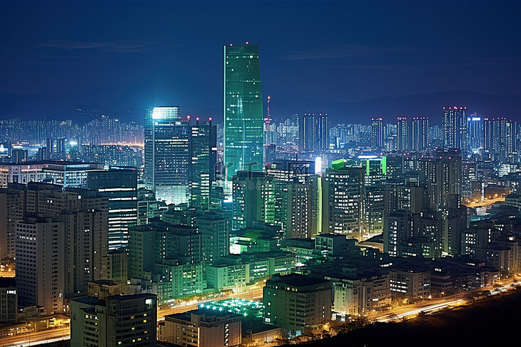 首尔城市天际线与夜间大型摩天大