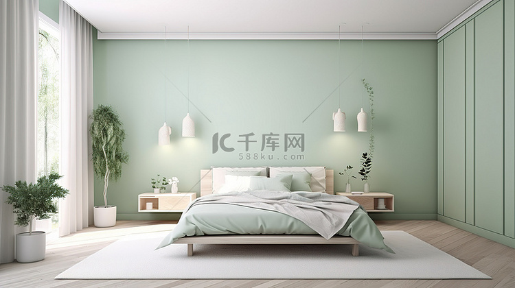 健康的生活方式卧室配有柔和的绿