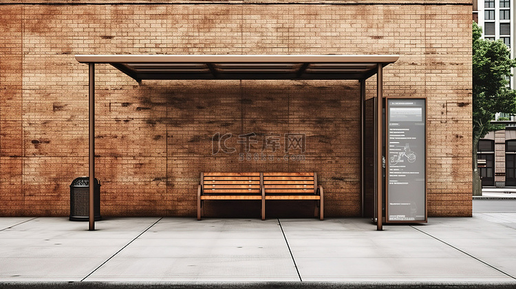 一个公交车站的 3D 渲染，砖