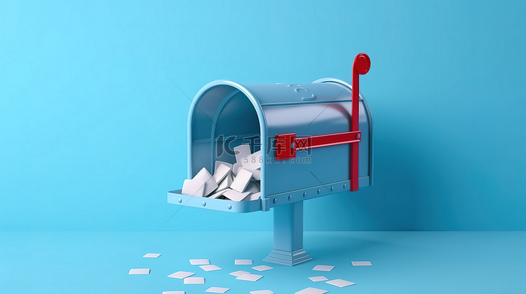 蓝色背景上打开邮箱的 3D 插