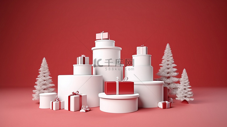 圣诞主题圆柱讲台 3D 渲染与