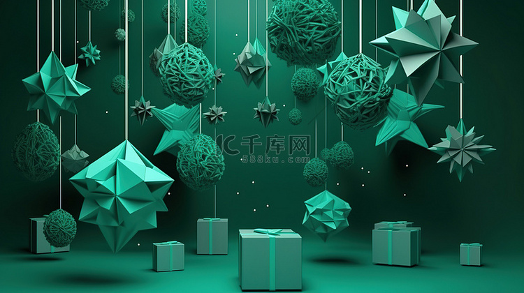 绿色圣诞纸工艺品，上面挂着雪花