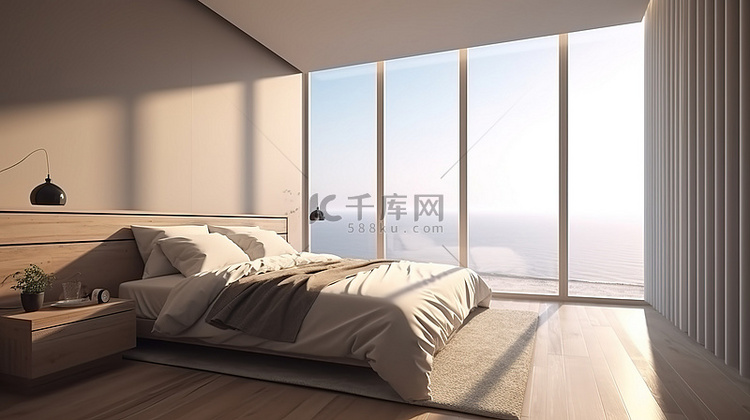 俯瞰大海的 3D 渲染卧室插图